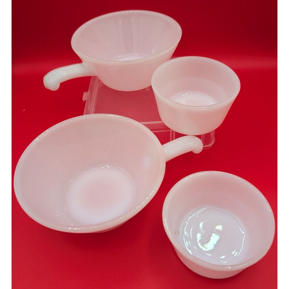 VTG Fire-King Milk Glass White Soup Chili 5" Bowls w Handles and Custard Bowls